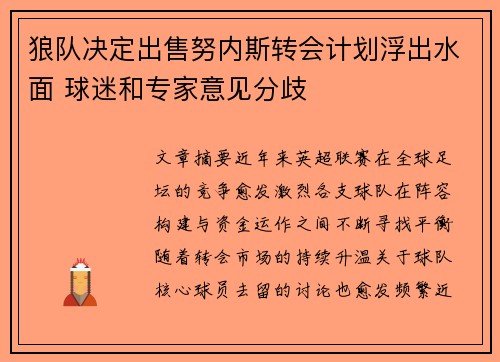 狼队决定出售努内斯转会计划浮出水面 球迷和专家意见分歧